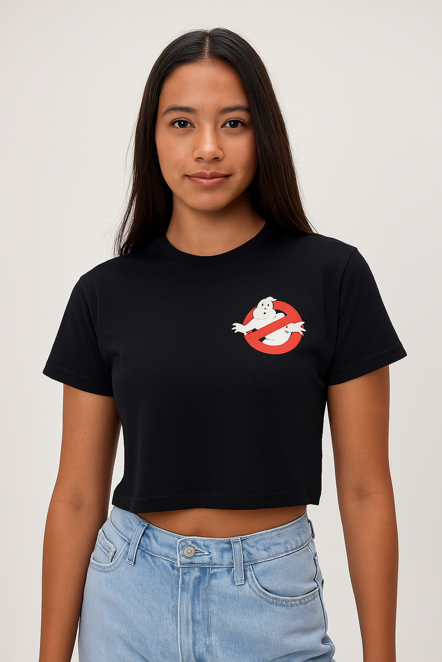 Ghostbusters Cropped T-Shirt Women's Black Retro 80s Movie Logo Tee Size Large